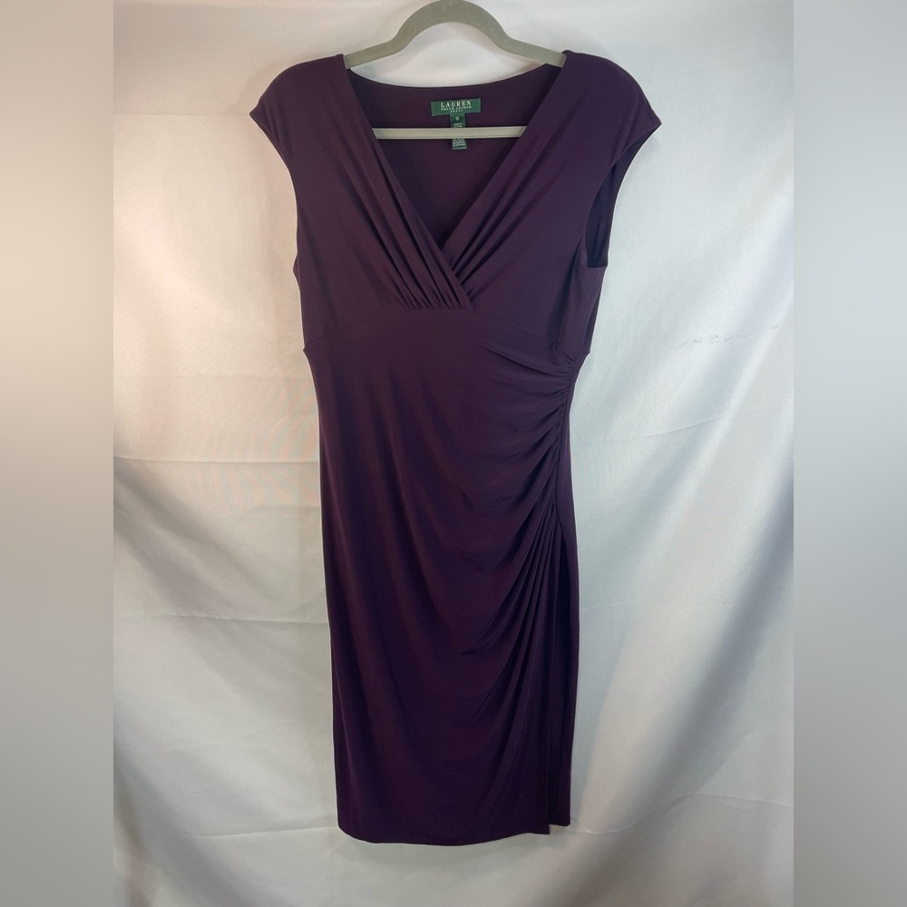 Royal purple faux wrap dress that clings to all curves! Heavy fabric & gorgeous!